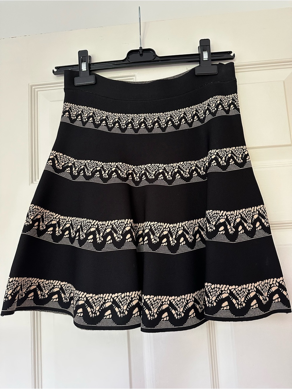 BCBG Black A-Line Skirt with Cream Geometric Trim